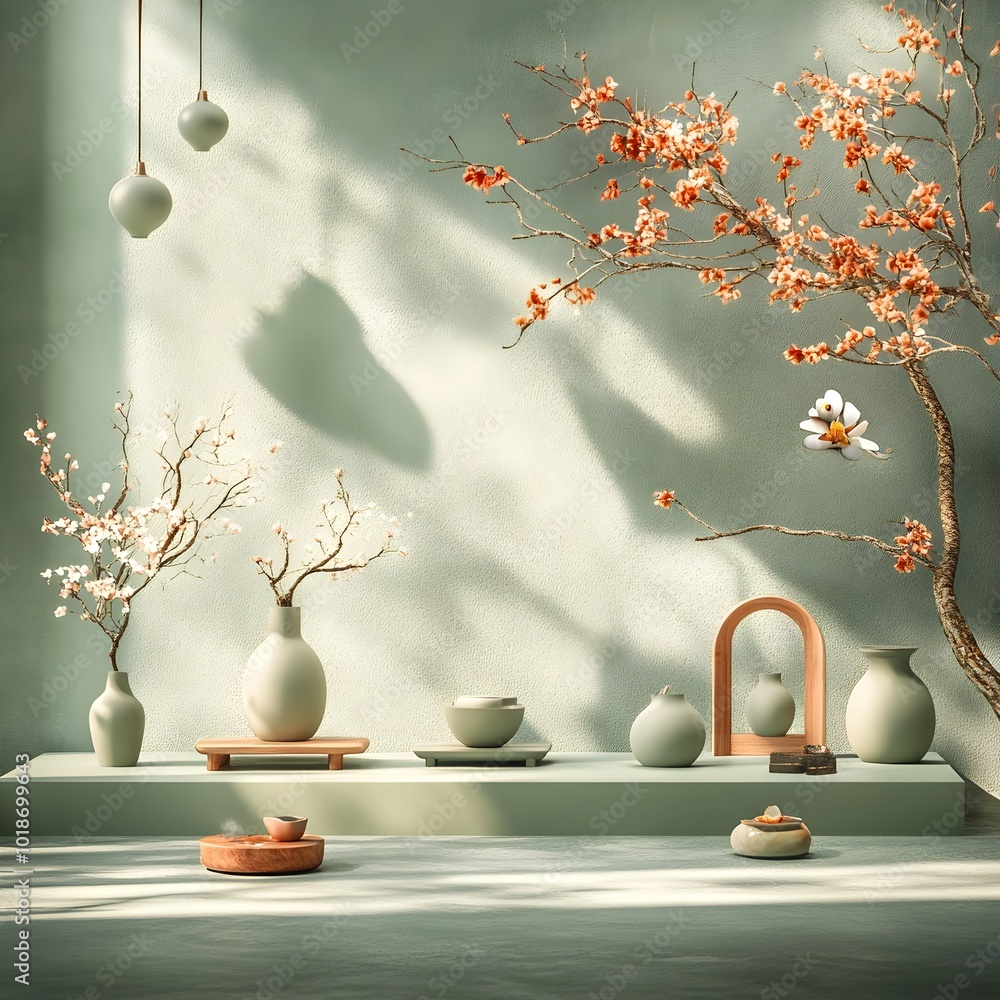 Poster serene and minimalist 3d studio space featuring a muted olive wall and floor a simple product displa