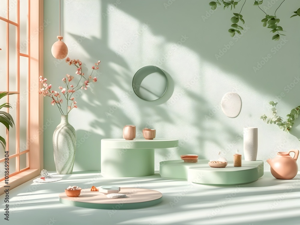 Poster a serene and minimalist 3d studio space featuring a soothing celadon green backdrop an uncluttered f