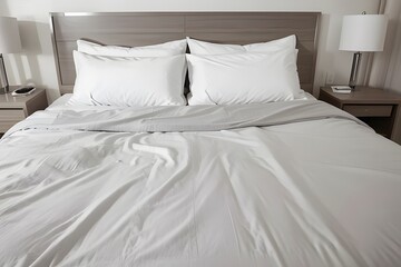 Clean bed. Light bedroom. Modern apartment interior. White sheet, soft pillow, blanket and bedside table. Home, hotel stylish design. Comfortable grey bedding set closeup. Spa resort ad. Rent business