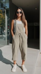 Obraz premium Elegant Fashion Model Posing at Exclusive Hotel Entrance in Trendy Jumpsuit and Chic Sandals