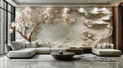 Elegant modern living room with floral wall art and contemporary furniture in a high-end apartment setting