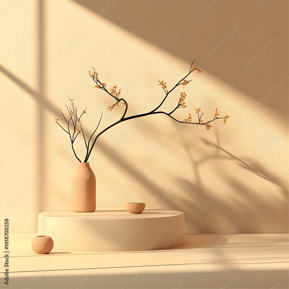 Poster simplistic 3d studio setting with muted mustard toned background sparse floor and wall focal product