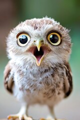  A tight shot of a small owl, eyes widened in shock, beak agape