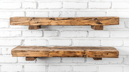 Fototapeta premium A set of rustic wooden shelves made from reclaimed barn wood, mounted on a white brick wall