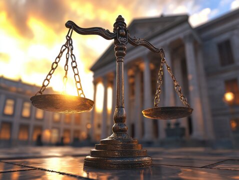 Scales of justice at sunset, symbolizing law and fairness, blurred background.