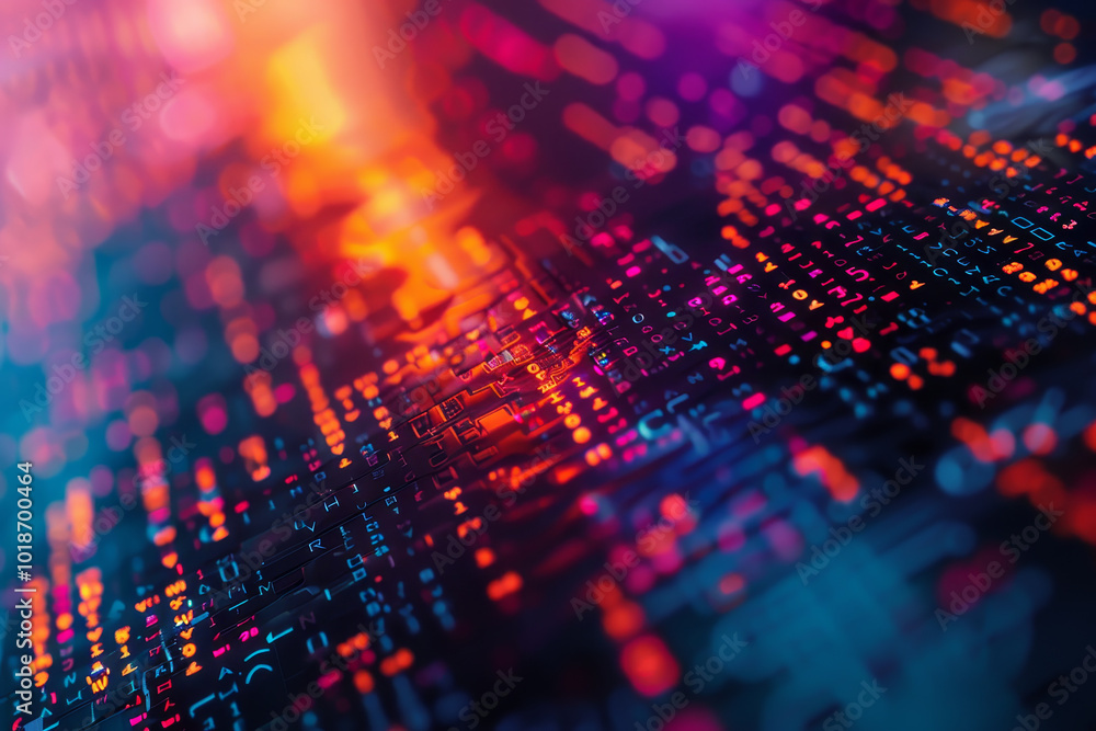 Poster a colorful image of a computer screen with many numbers and letters