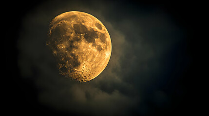 A Detailed Photograph of the Moon, Glowing with a Golden Hue,  Illuminating the Dark Night Sky, with a Thin Layer of Clouds in the Foreground.