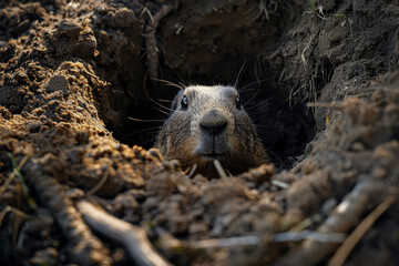 A small animal is peeking out of a hole in the ground