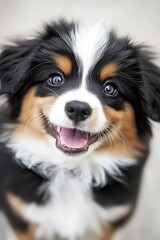  A tight shot of a dog's face; tongue out, mouth agape