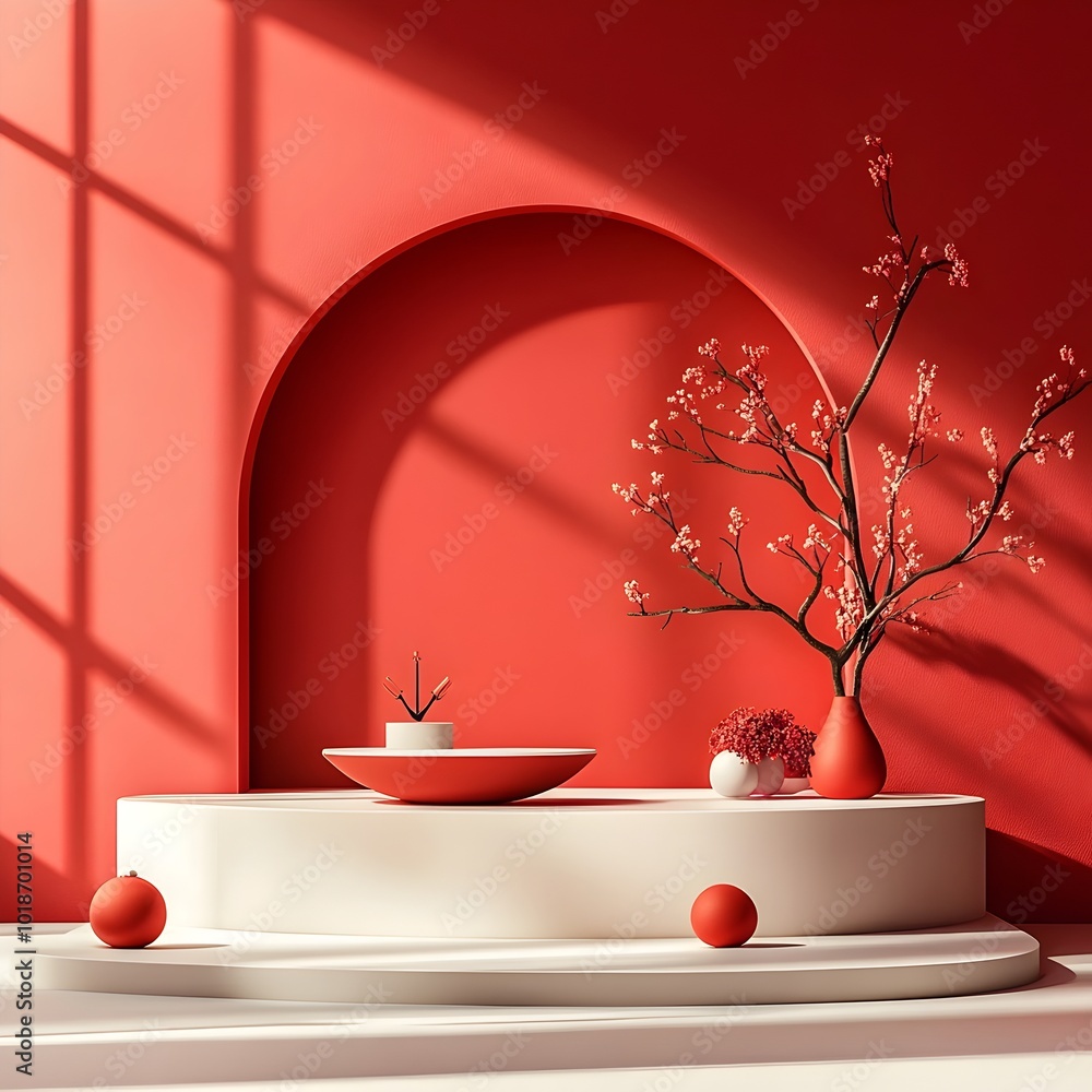 Poster sophisticated 3d studio environment featuring a rich burgundy background a simple product display po