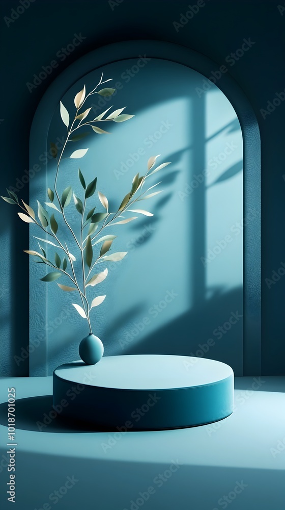 Poster sophisticated 3d studio environment with navy blue palette vacant product stand directional window l