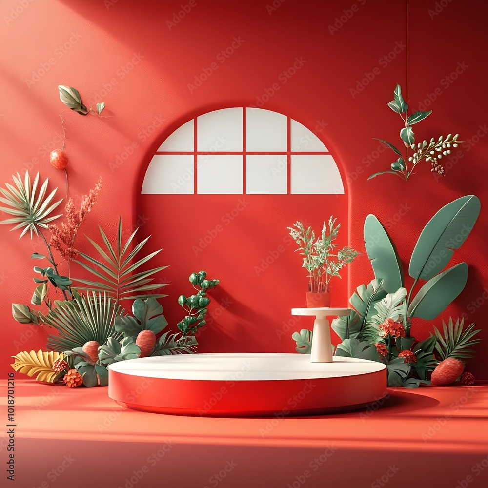Poster a meticulously designed 3d studio environment featuring a rich burgundy backdrop a simple product di