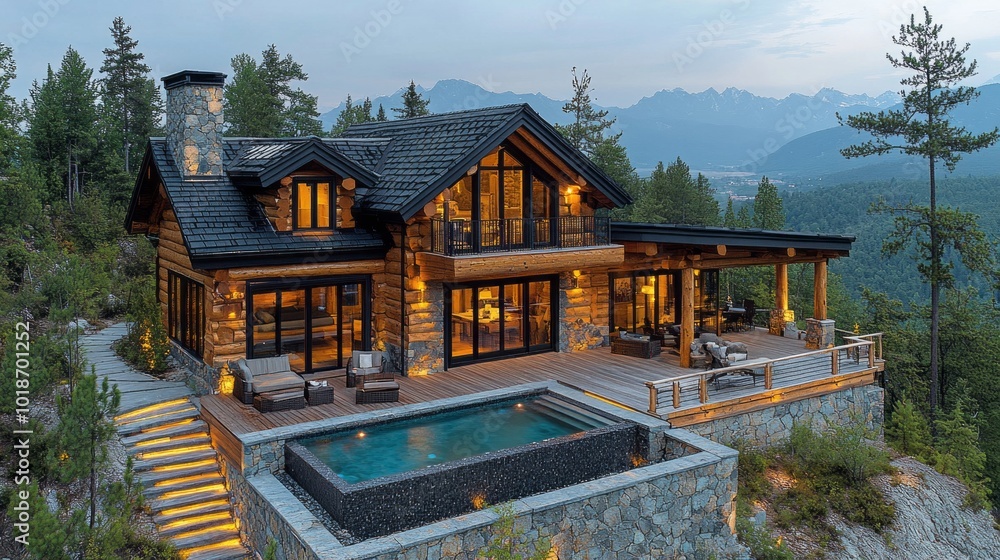 Poster a large house with a pool and a mountain in the background