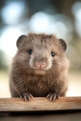 Obraz premium A small rodent atop a wooden table Nearby, a piece of wood Background softly blurred