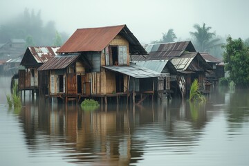 Obraz premium Flooded village in lowland of Great river