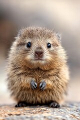  A groundhog in tight focus, perched on a rock, scrutinizing the camera with a quizzical expression