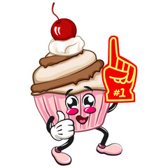 kawaii cartoon cupcake with cherry on top character mascot isolated vector illustration raise foam finger, work of hand drawn