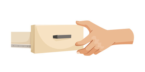 A hand pulling a light wooden drawer. Simple graphic style on white background. Vector illustration