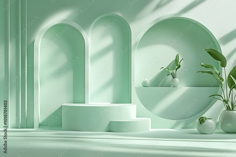 Poster serene 3d product showcase space featuring a simple podium with a muted sage color palette soft shad