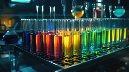 Test tubes filled with bright-colored liquids, lined up in a metal rack, with beakers and pipettes in the background, creating a scientific scene.