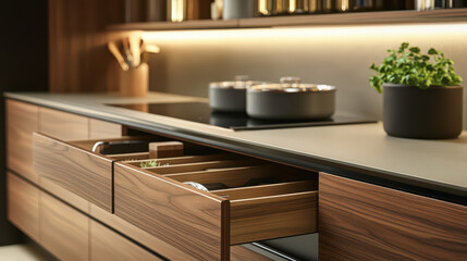 A finished set of custom-built wooden cabinets with soft-close drawers, featuring dovetail joinery and smooth, polished surfaces in a modern kitchen 