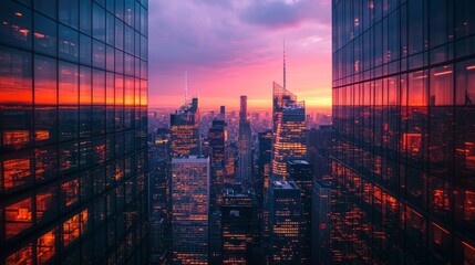 Skyscrapers Reflecting a Sunset Over a Cityscape