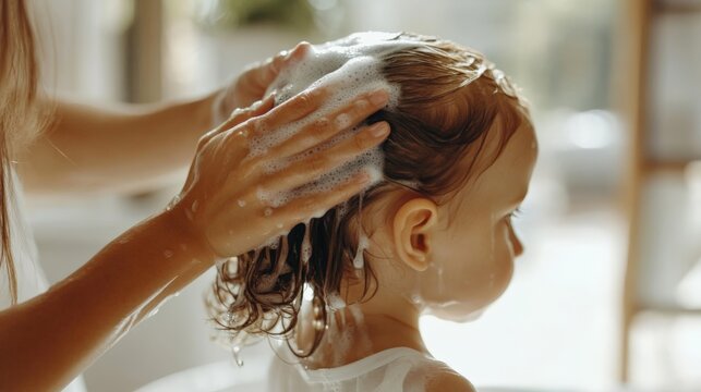 mom use hand washes hair of little girl with shampoo