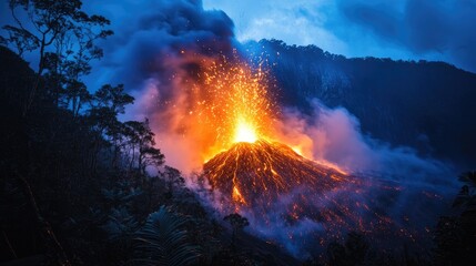 Fototapeta premium Erupting Volcano with Lava and Ash Clouds at Dusk