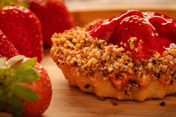 Sao Paulo, SP, Brazil - August 16 2022: Close up strawberry shortcake with chestnuts details.