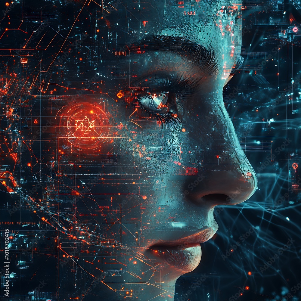 Poster futuristic ai interface with embedded digital circuitry and data flow