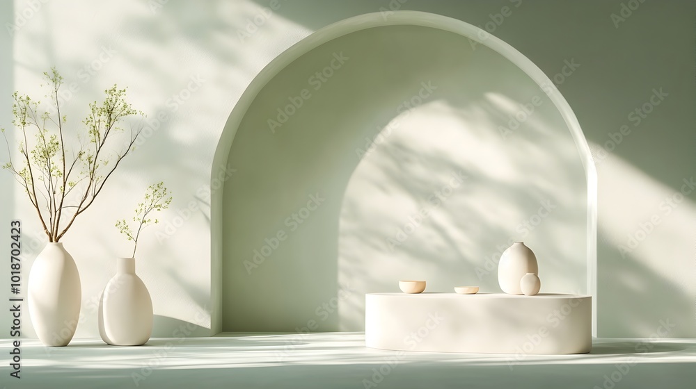 Poster tranquil and serene 3d studio setting with a sage toned backdrop showcasing an empty space with a pr