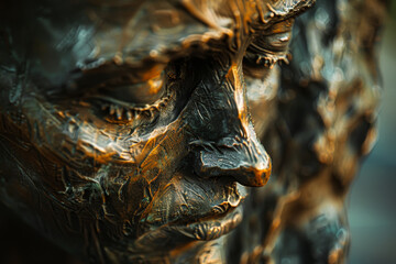 A bronze statue of a face with a gold face paint
