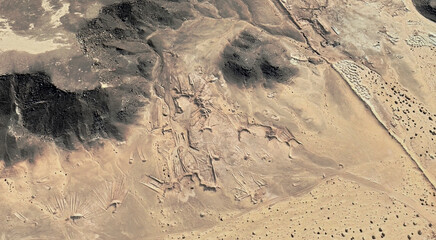 The landscape of the sandy desert in Qatar from a bird's eye view