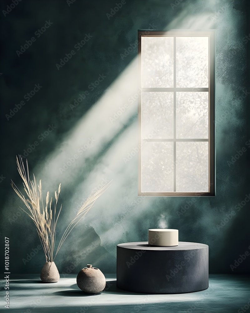 Poster dramatic 3d studio setting with dark charcoal walls and floor central product podium dynamic shadow 