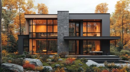 A large house with a stone chimney and a large glass window