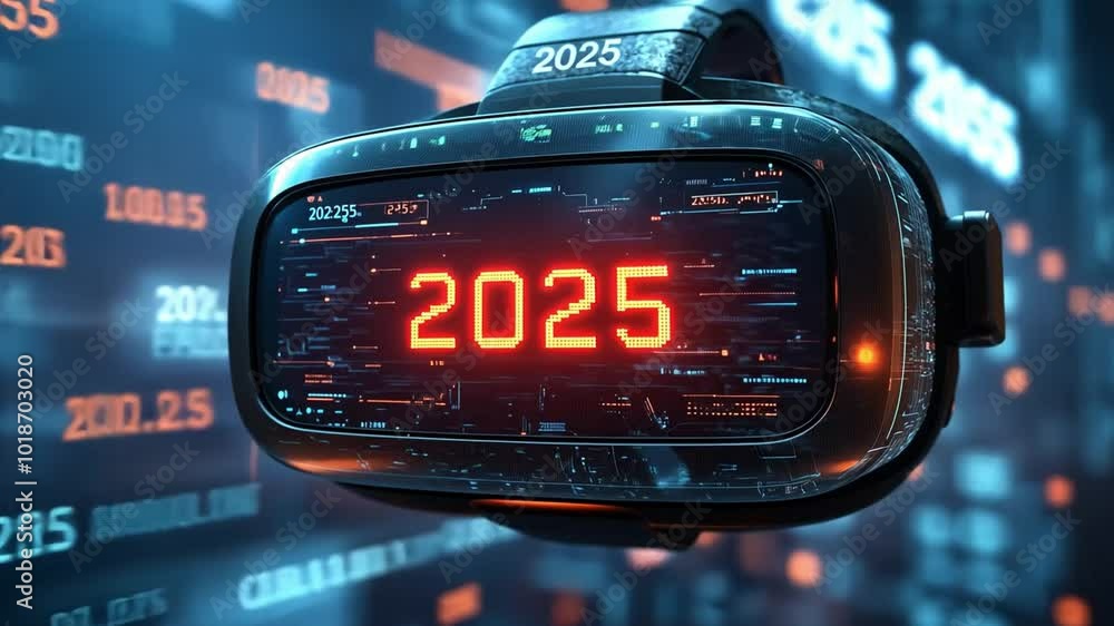 Poster futuristic virtual reality headset displaying 2025 surrounded by digital numbers and graphics