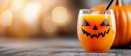  A glass of orange juice with a Jack-o-lantern face drawn on its side