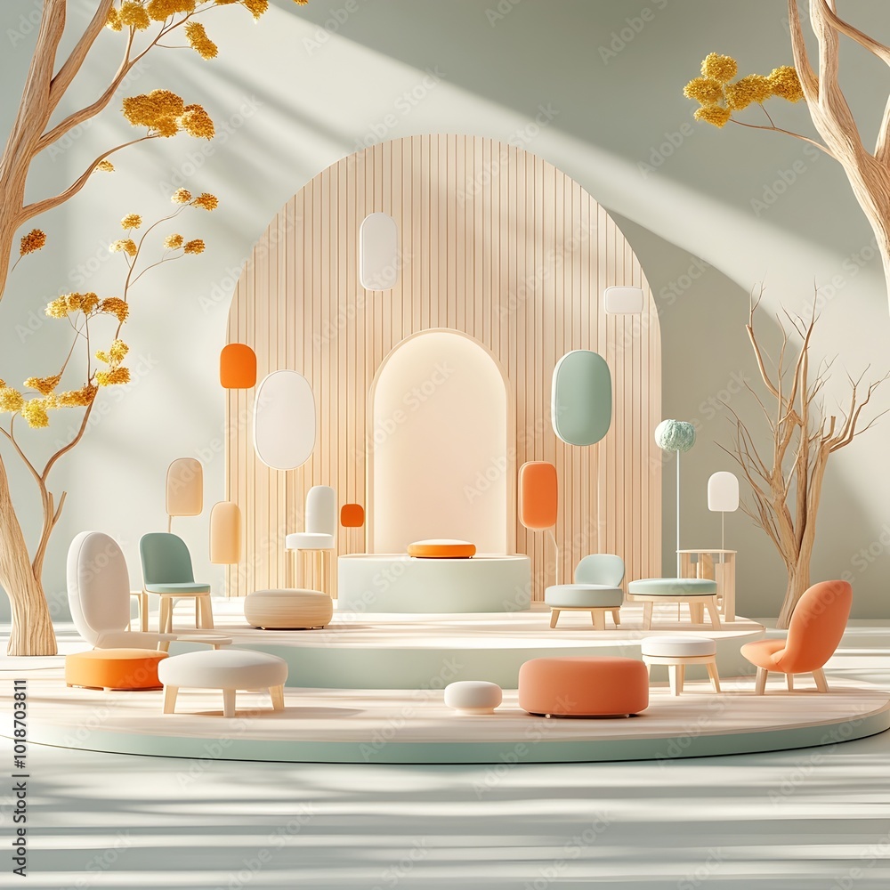 Poster warm and minimal 3d studio space with clean empty room wooden platform and soft natural lighting cas