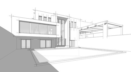 Sketch of modern house 3d rendering