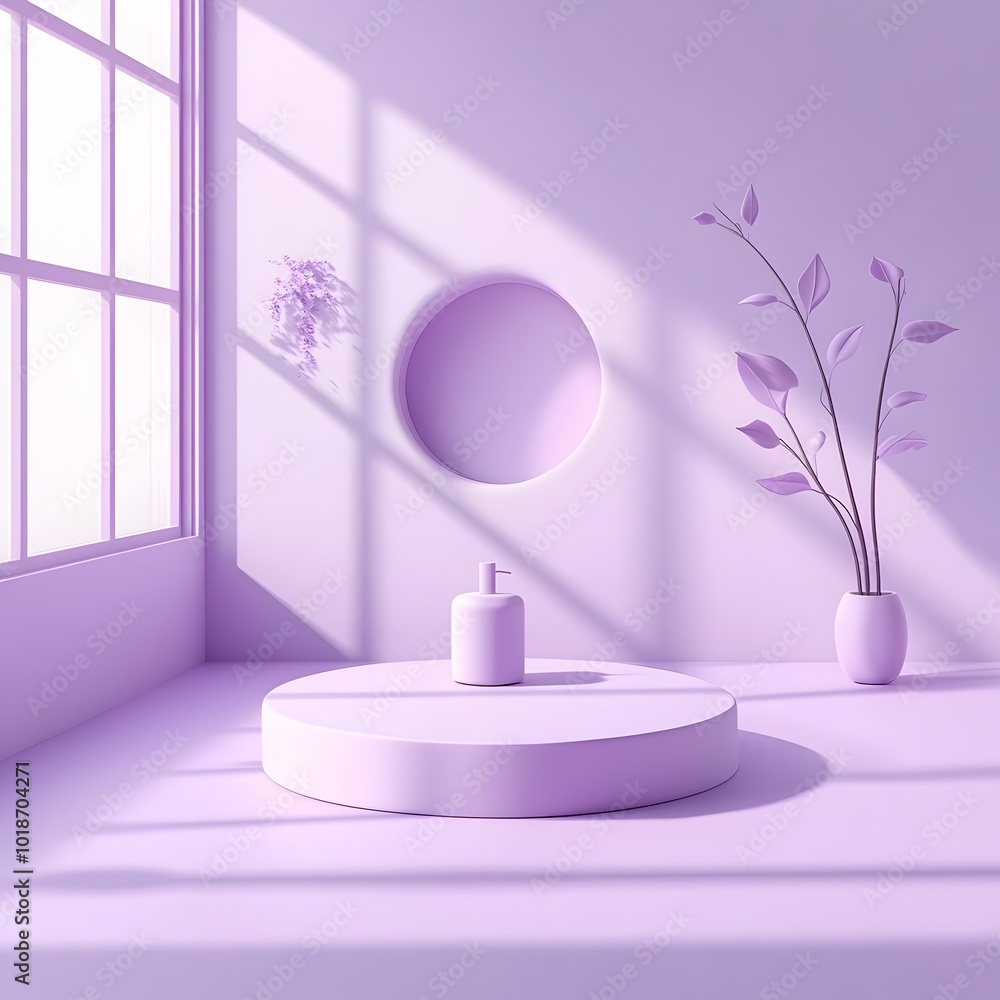 Poster minimalist 3d studio scene with a calming purple ambiance bare floor and walls a central product pla