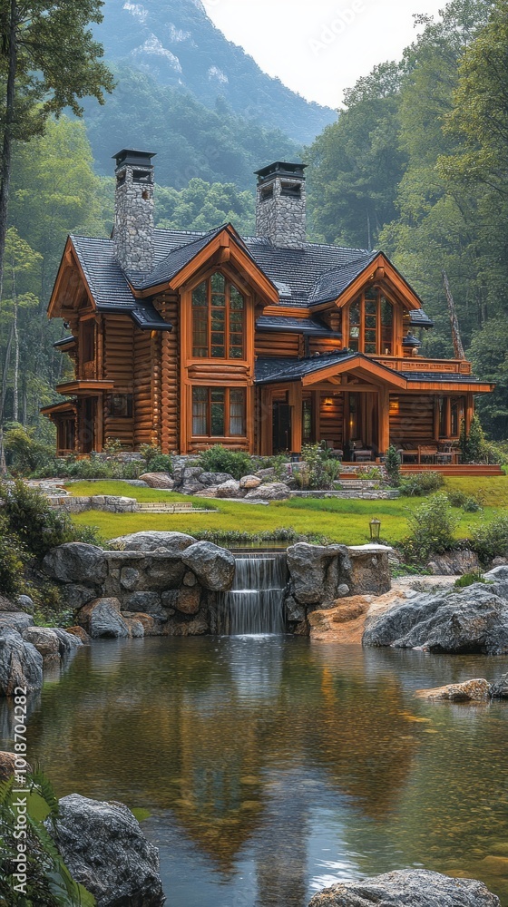 Poster A large log cabin with a waterfall in front of it