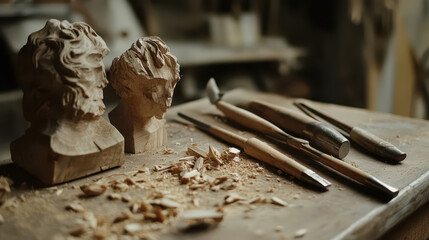 A detailed shot of chisels and wood carving tools beside a partially finished wooden sculpture