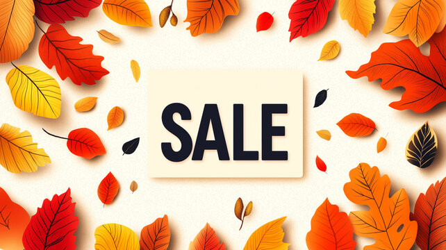 Modern autumn banner in minimalist design witn fall leaves in shades of orange, red, and yellow. Word "SALE" in center of banner, ideal for promotions, sales, or events related to autumn season