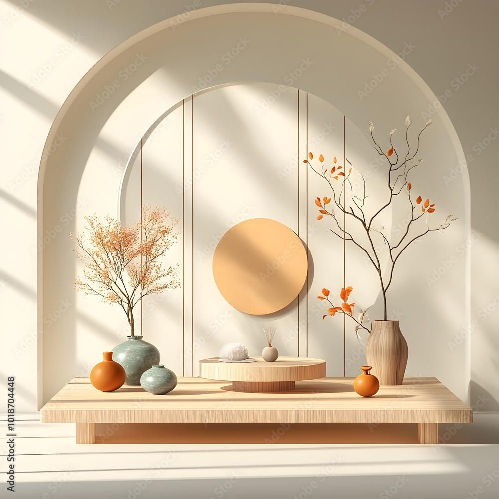 Poster minimal 3d studio space with clean empty room and platform featuring warm wooden tones and natural l