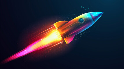 Fototapeta premium A colorful rocket launching into space, leaving a bright trail of flames and sparks in the dark universe