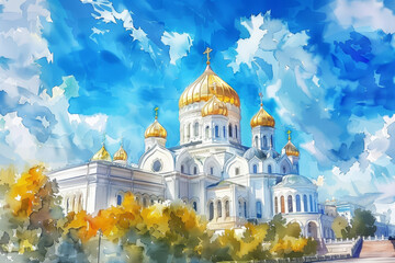 Obraz premium A beautiful church with a gold dome and a blue sky background