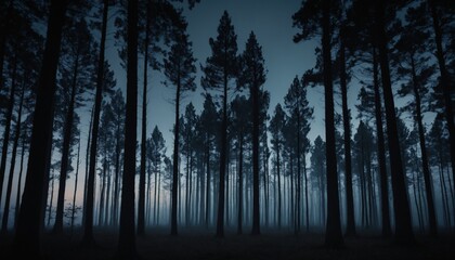 Obraz premium Silhouettes of tall pine trees with mysterious mood in misty night forest with faint glow