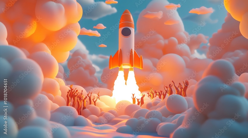 Poster 3d rendering of a rocket taking off, with a business team cheering, symbolizing the launch of a new 