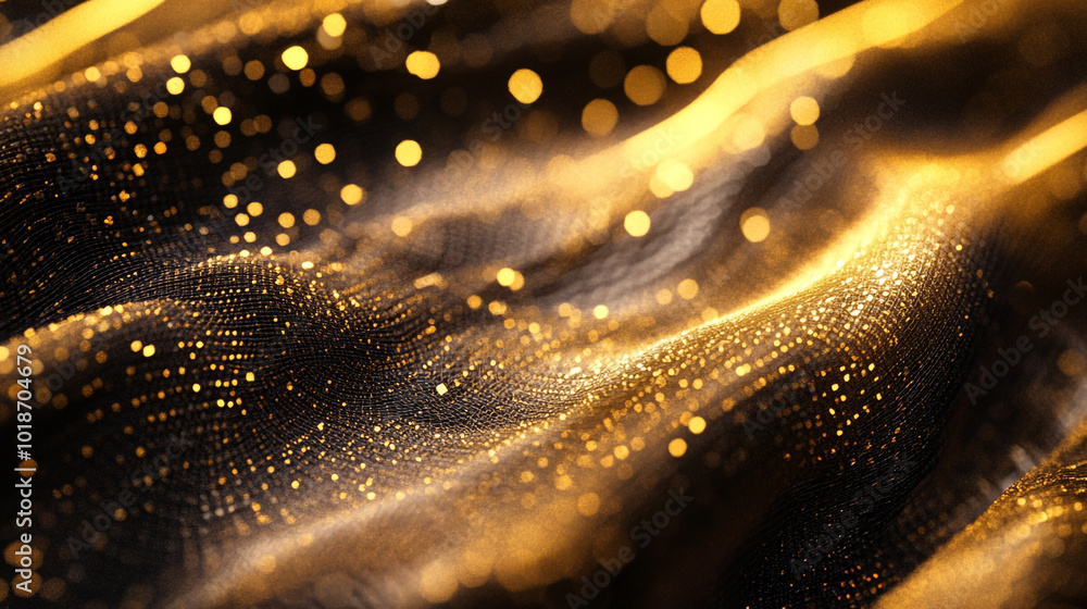 Poster golden shimmering fabric with bokeh effect illuminated by soft light in a dark setting