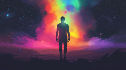 Obraz premium A silhouette stands before a vibrant cosmic landscape filled with colors and starry elements, suggesting a moment of introspection at night